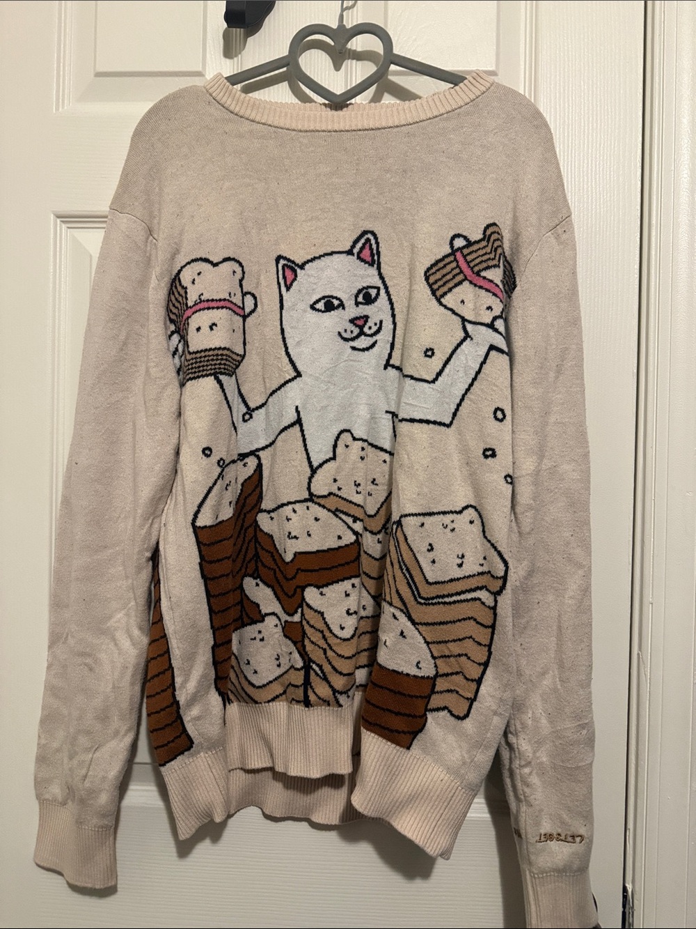Ripndip Beige Knit Sweater with Cat and Toast Graphic
